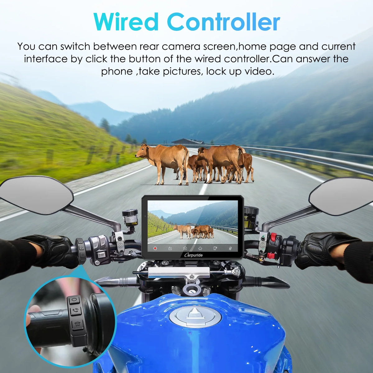 Carpuride Motorcycle HD Dual 1080P Dash Cam, Wireless Apple CarPlay & Android Auto Wire Control, Horizontal Vertical Rotation 7" Touch Screen (712D)