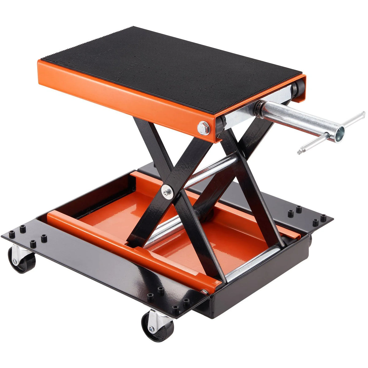 HCY Motorcycle Lift, 1100 LBS Motorcycle Lift ATV Scissor Lift Jack with Dolly & Hand Crank, Center Hoist Crank Stand with Wide Deck & Tool Tray for Street Bikes, Cruiser Bikes, Touring Motorcycles