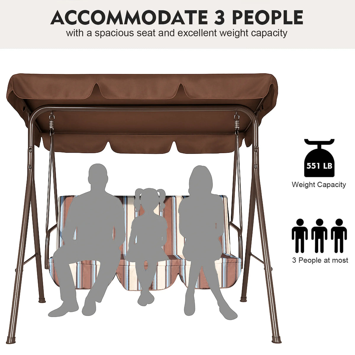 GVDV 3-Seat Steel Porch Paito Swing with Stand,Outdoor Swing Chair with Canopy,Yard swing&Outside swing,Canopy Swing-Brown