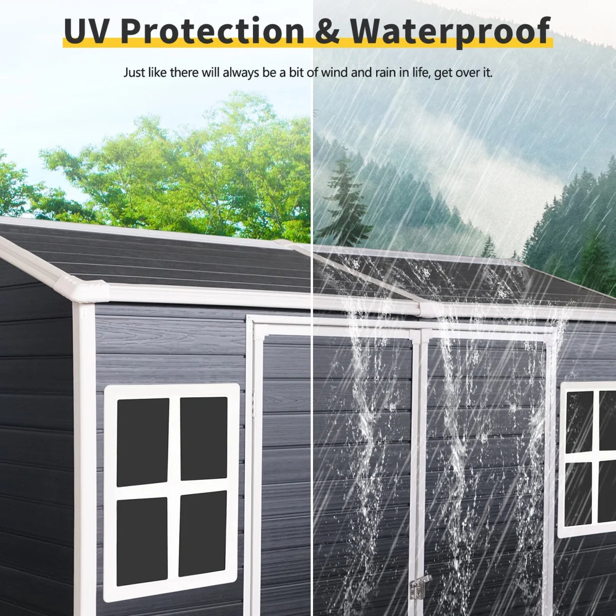 8x4 FT Outdoor Storage Shed with Floor, Resin Garden Sheds with Lockable Door, Vents & Windows, Weather Resistant Tool Shed with Sloped Roof for Backyard Patio, Grey