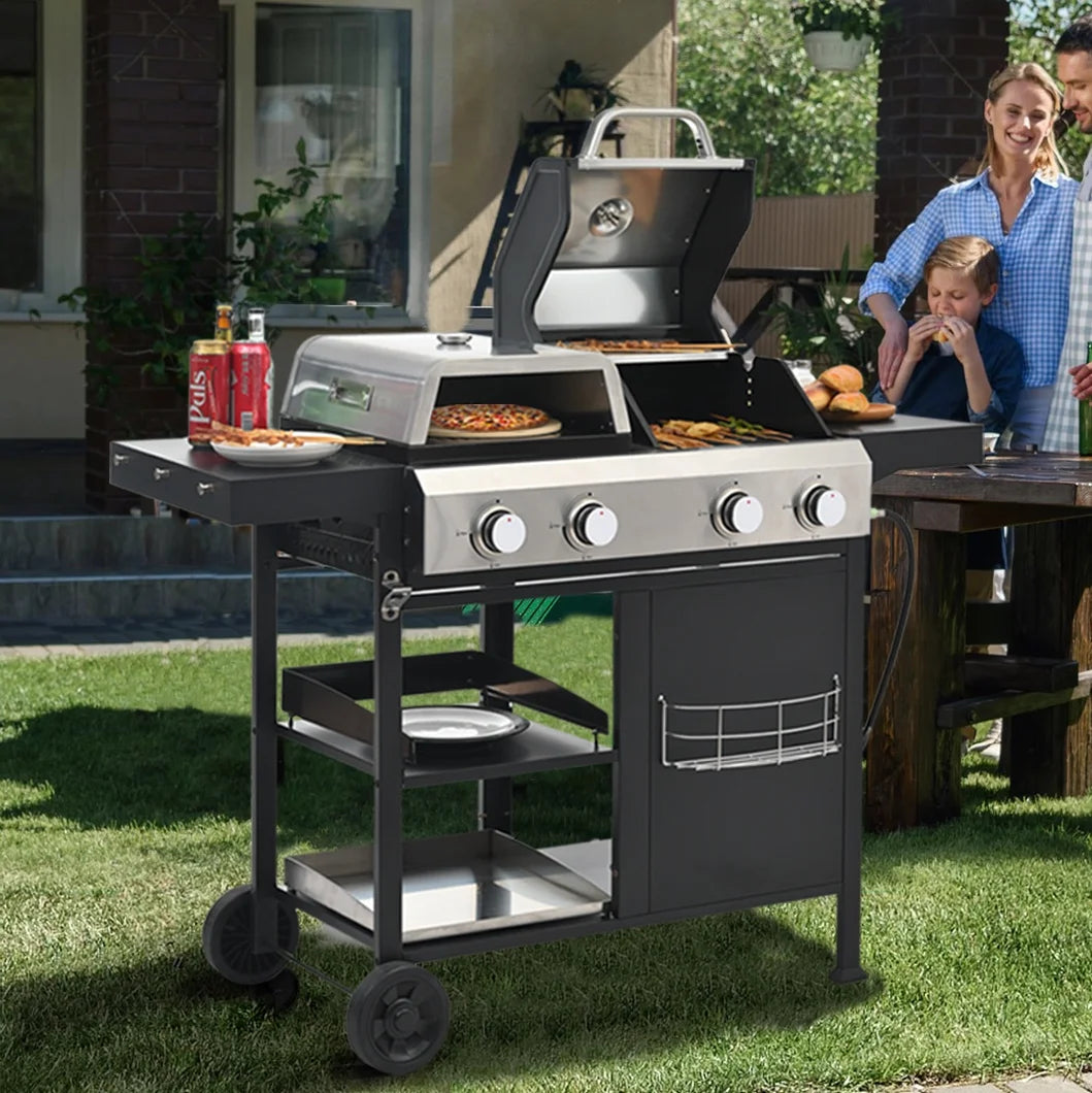 4-Burner BBQ Grill W/Side Burner, 50,000BTU Gas Propane Grill Portable with Storage Cabinet, Heavy-Duty Stainless Steel Outdoor Cooking, with Tank Hook, Towel Rack, Steel Brush