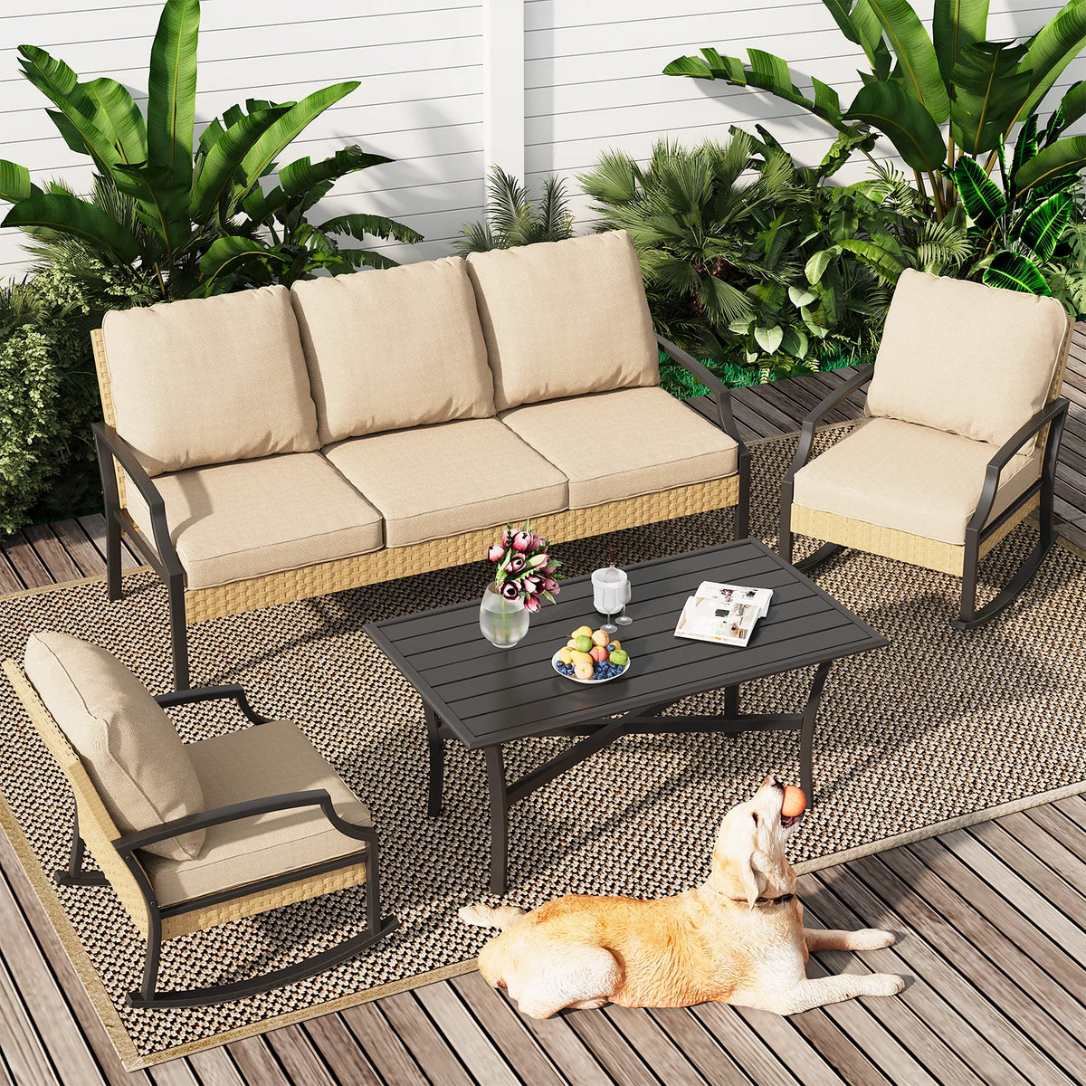 AECOJOY Patio Furniture Sets On Sale,Metal Outdoor Furniture Sets Clearance,Wicker Rattan Patio Conversation Sets For Porch, Garden and Backyard,Beige
