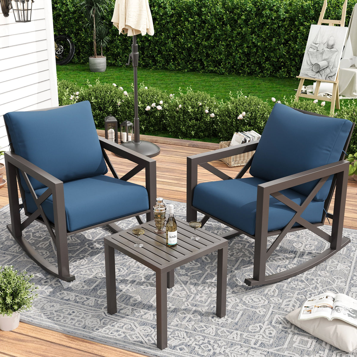 MRUAKA Rocking Chair Bistro Set,3 Piece Outdoor Patio Furniture Set with 2 Rockers and 1 Metal Coffee Table with Thick Cushions for Porch,Backyard,Poolside,Beige