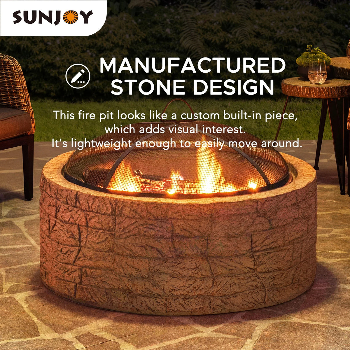 Sunjoy Stone Fire Pit 26 Inch, Outdoor Round Wood Burning Fire Pits with Spark Screen and Poker Grey