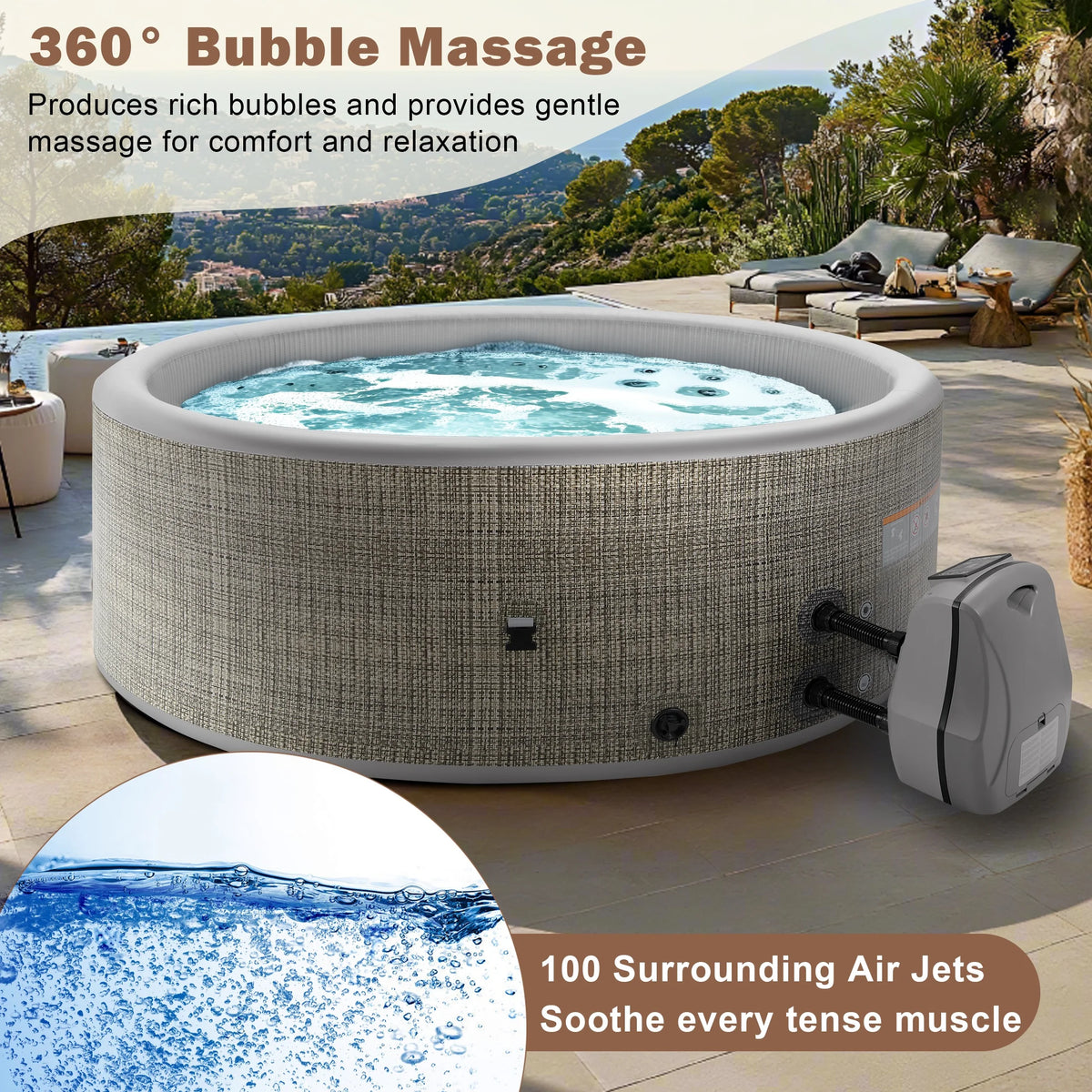 Round Hot Tub Surround Furniture, Spa Surround Outdoor Rattan Sectional Sofa Set with Mini Sofa, Solid Acacia Wood Hot Tub Storage Surround Patio Furniture Set, Gray Cushion