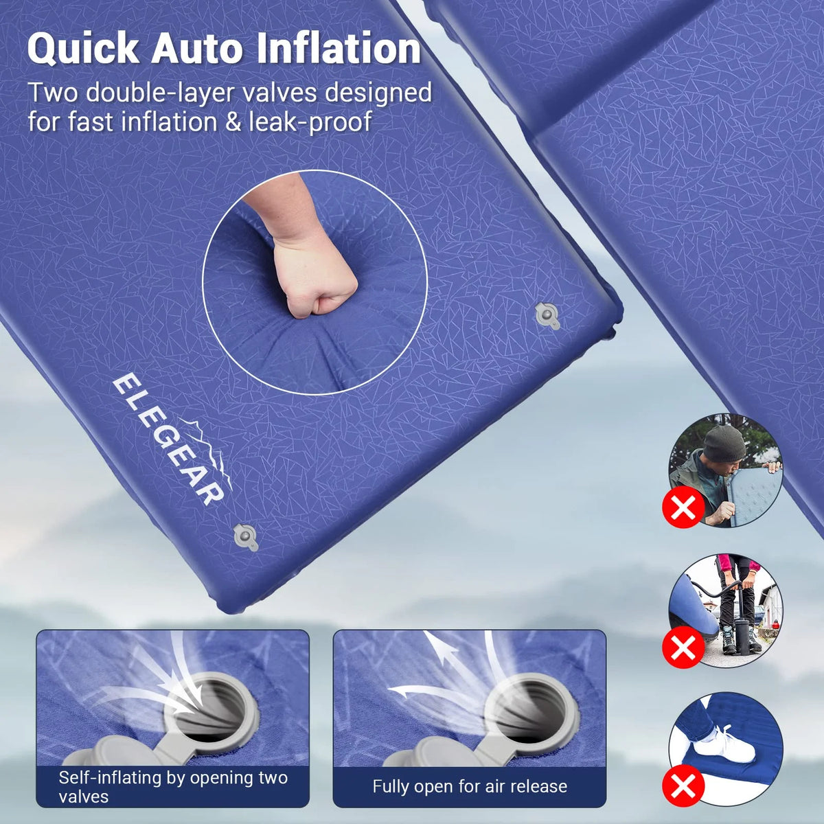 Elegear Self Inflating Sleeping Pad, 3.1" Ultra-Thick Memory Foam Camping Pad with Pillow Fast Inflating in 20s Insulated Camping Mattress Pad 4-Season Camp Sleeping Mat for Camping/Car/Tent