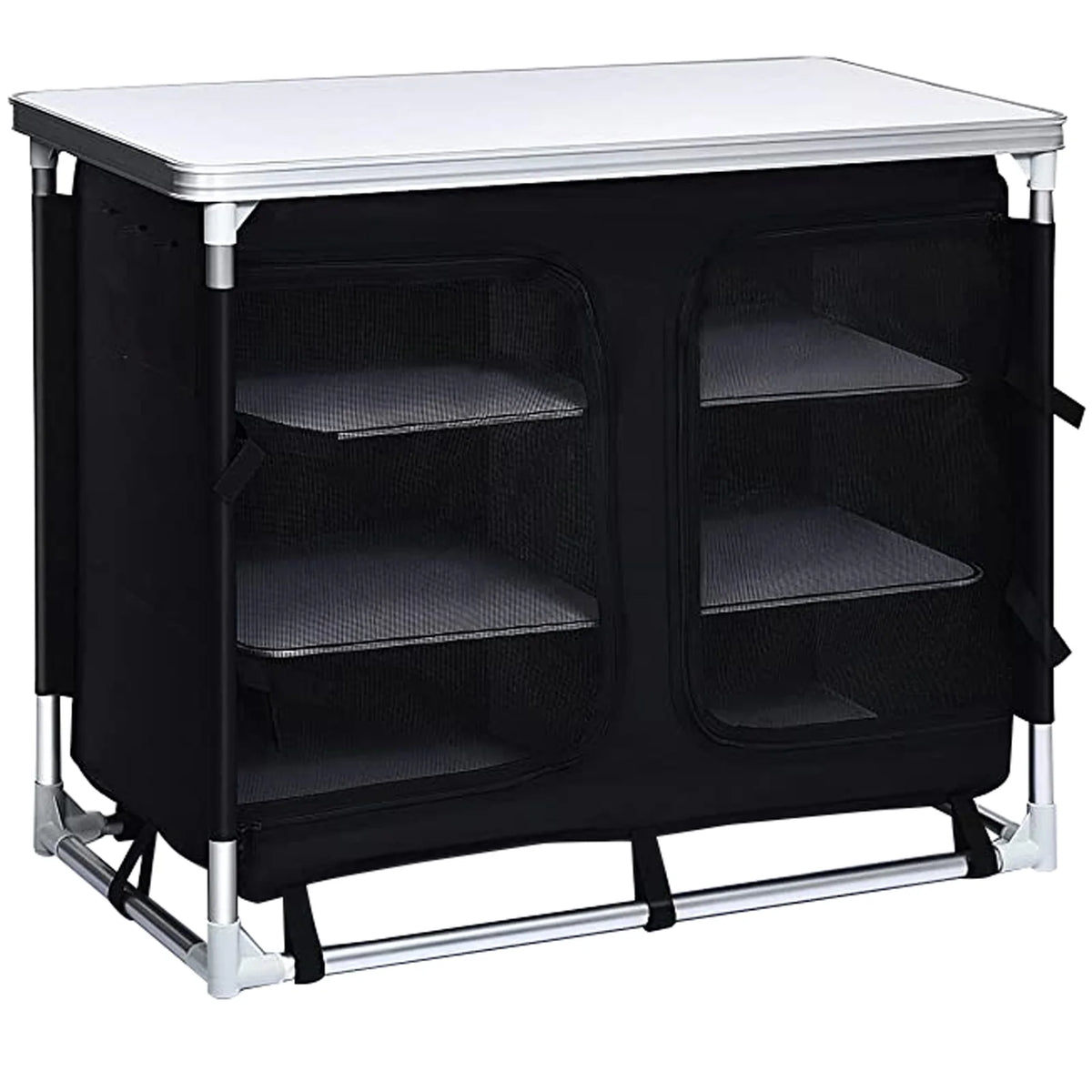 Camping Kitchen Station, Aluminum Portable Folding Cook Table with Storage Organizer and Carrying Bag, Quick Installation for Outdoor BBQ Party Backyards and Tailgating, Black