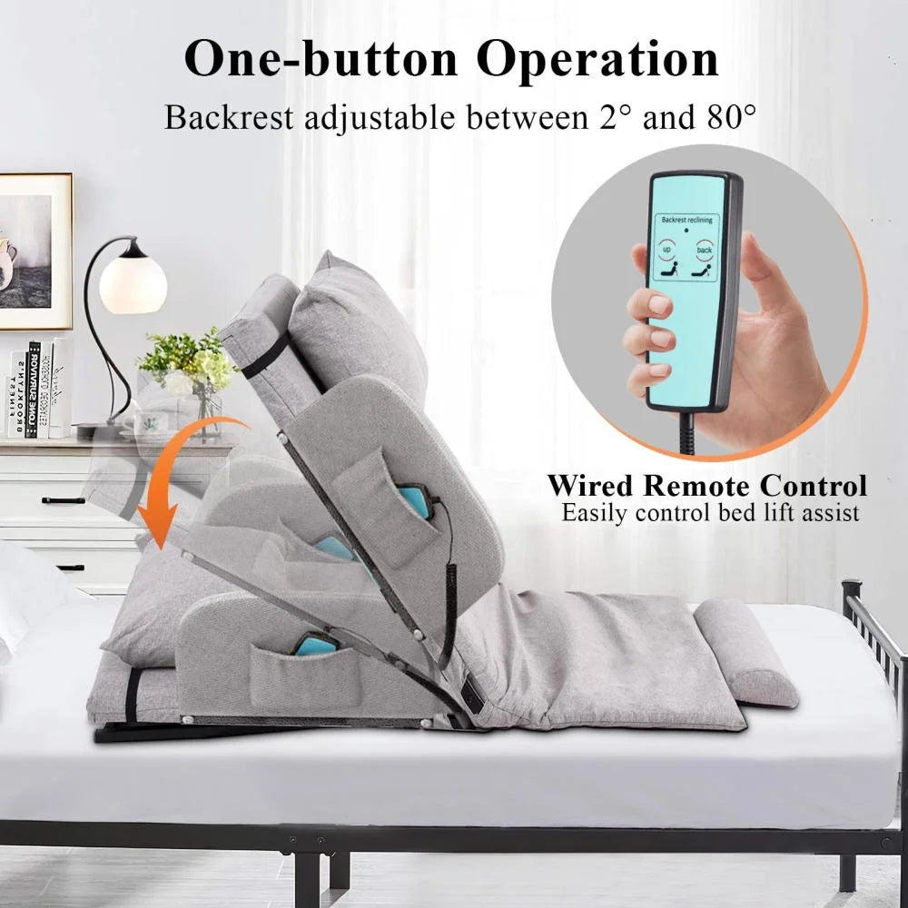 Electric Lifting Backrest for Bed, Folding Adjustable Multi-Function Neck Head and Lumbar Back Support for Elder, Electric Lifting Backrest Pillow with Electric Pump System (Gray with Armrest)