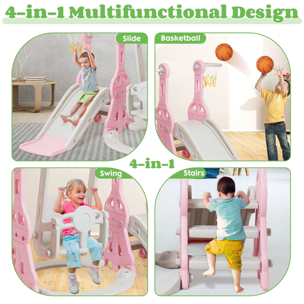 Ealing 4 in 1 Slide and Swing Set for Toddler Indoor and Outdoor Baby Slide Climber Playset with Basketball Hoop & Backyard Playground Swing Slide for Boys and Girl Slide length: 11.02' L Pink