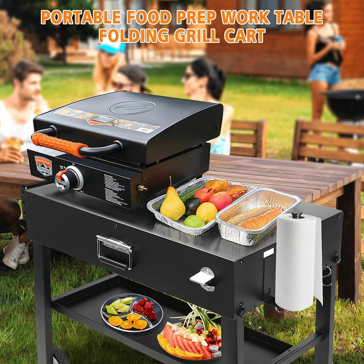 Foldable Grill Table Cart for Ninja Woodfire OG700, Blackstone Portable Griddle, Weber, Ooni Pizza Oven �C Portable Outdoor BBQ Prep Stand with Caddy, Ideal for Camping and Tailgating