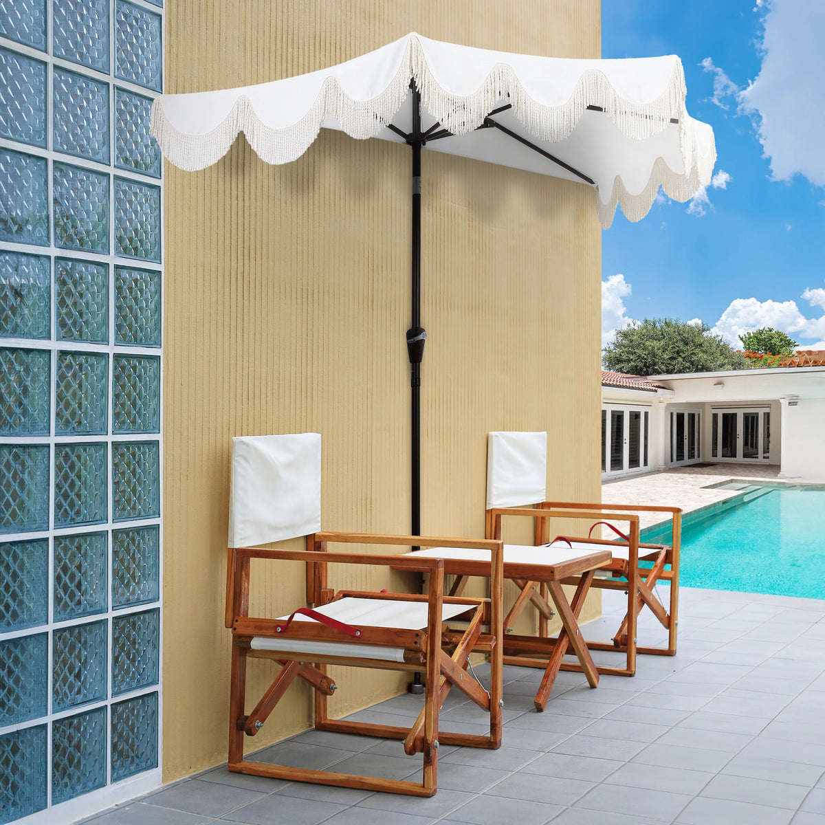 JONATHAN Y Beverly 9 ft. Half Market Patio Umbrella, Designer Classic Scalloped Fringe with Crank, Tilt Button and UV Protection, Blue/White/Cream, Dark Brown Pole