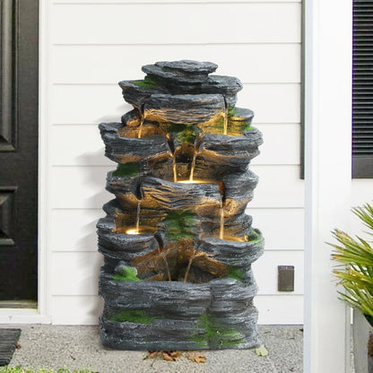 Magic Union 7-Tier Cascading Rock Water Fountain, 24" H Outdoor Freestanding Fountain with LED Lights and Pump, Outdoor Garden Waterfall Decor for Patio, Yard and Deck Decor, Natural Stone Look