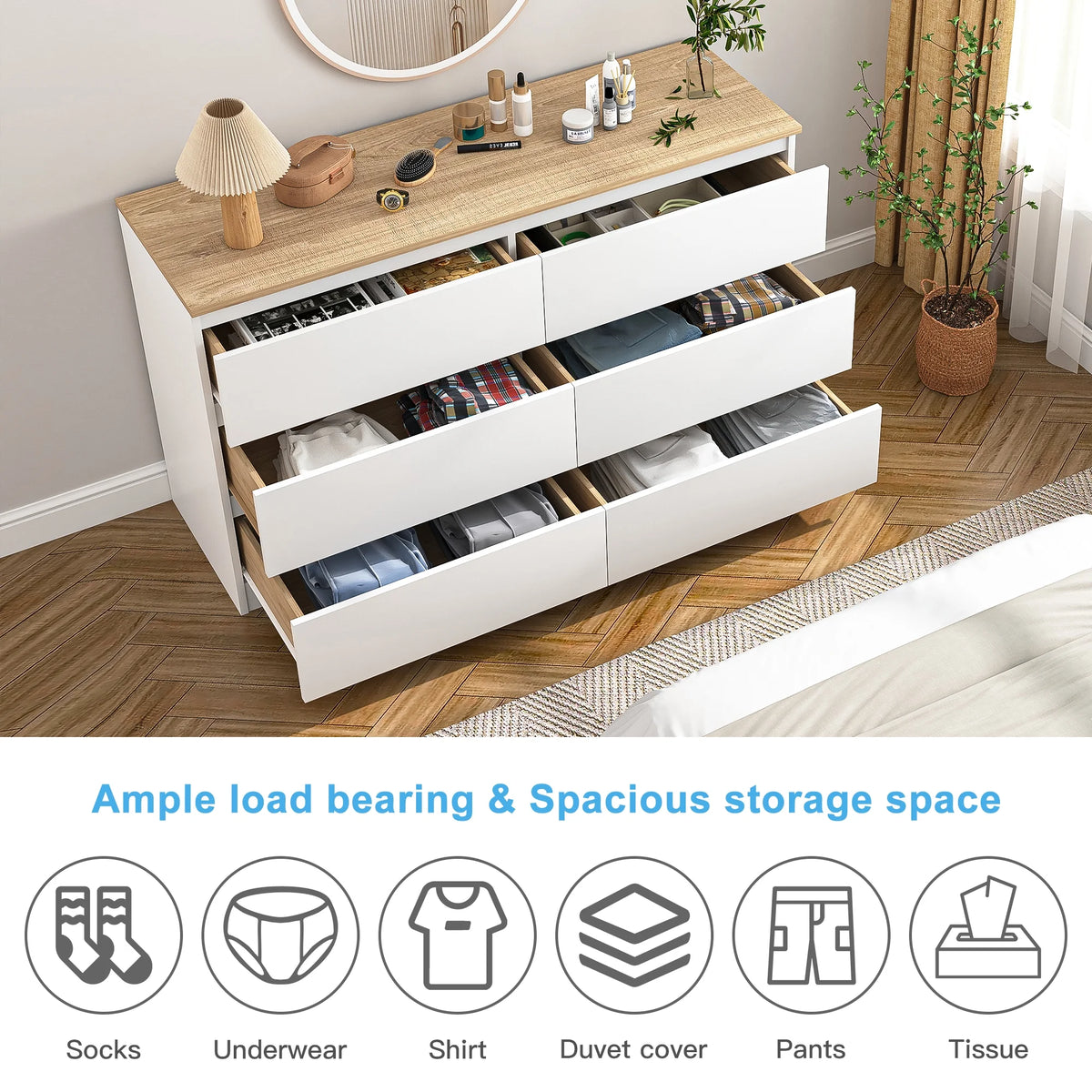 Kadyn White Chest of Drawer, 6 Double Drawer Dresser for Bedroom, Modern Storage Cabinet for Living Room, Dresser