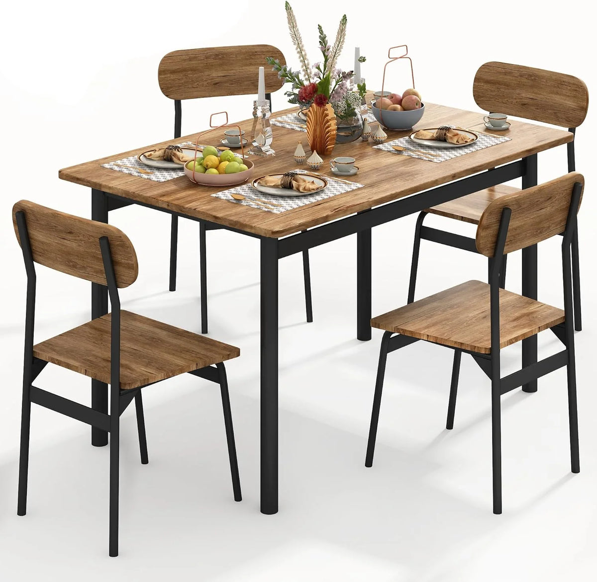 Lamerge Sets for 4, Dining Room Table with 4 PU Leather Upholstered Chairs, Modern Wood Kitchen Table and Chairs Set, Square Dinette Sets for Breakfast Nook, Gray
