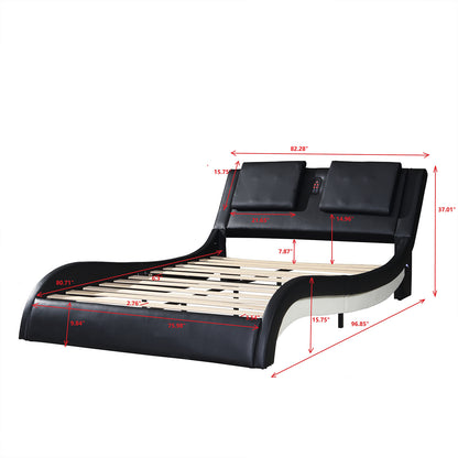 OYang King Size Platform Bed Frame wth LED Light And USB Charging Ports Headboard, Wave-Like Curve Backrest Vibration Massage Upholstered Faux Leather Bed for Home