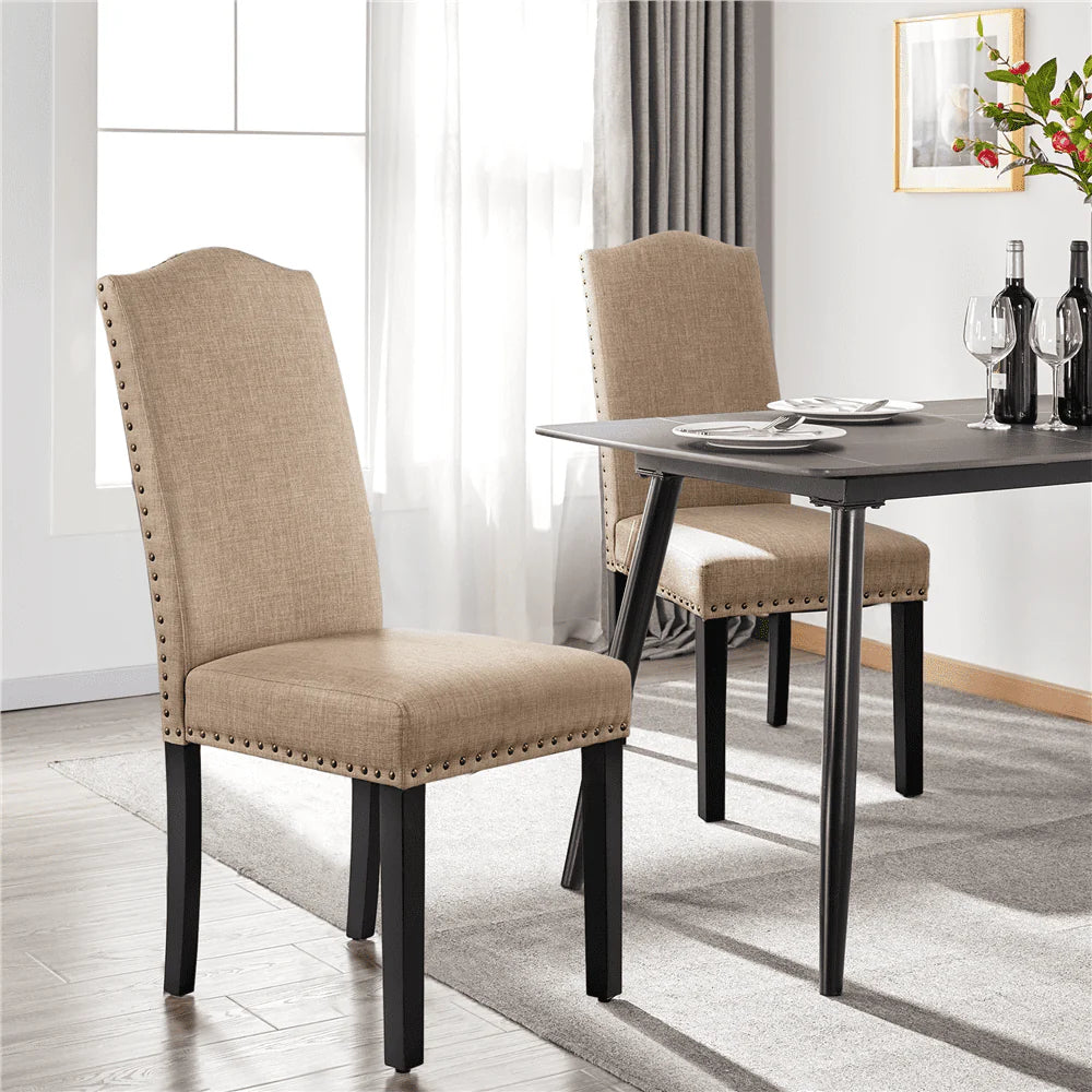 Easyfashion Set of 2 Classic Upholstered Dining Chair, Khaki