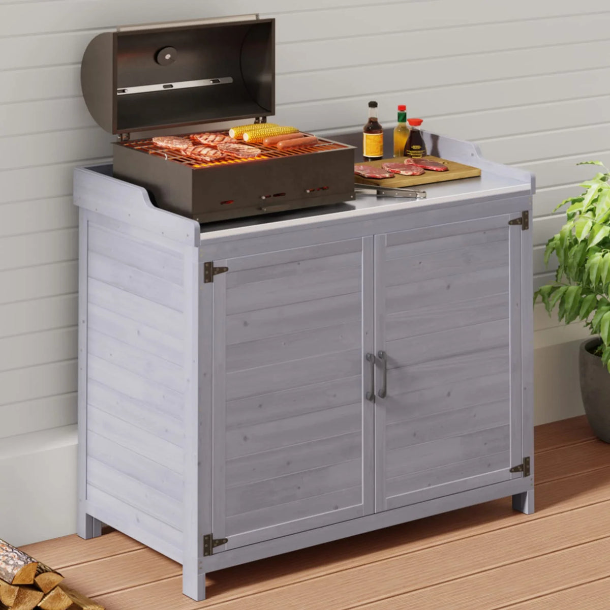 Lofka Outdoor Storage Cabinet, Outdoor Potting Bench Table with Removable Shelves for Yard, Garden,  Waterproof Wood
