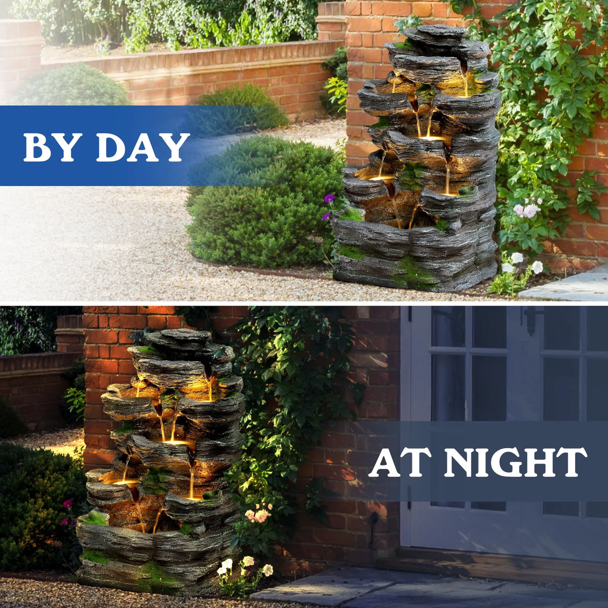 Magic Union 7-Tier Cascading Rock Water Fountain, 24" H Outdoor Freestanding Fountain with LED Lights and Pump, Outdoor Garden Waterfall Decor for Patio, Yard and Deck Decor, Natural Stone Look