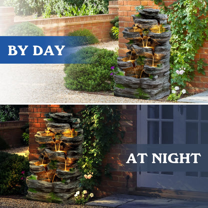 Magic Union 7-Tier Cascading Rock Water Fountain, 24" H Outdoor Freestanding Fountain with LED Lights and Pump, Outdoor Garden Waterfall Decor for Patio, Yard and Deck Decor, Natural Stone Look