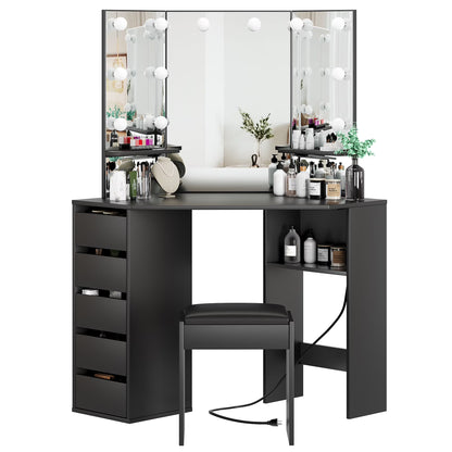 Danolapsi Corner Makeup Vanity Desk with Mirror and Lights,Bedroom Vanity Table with Lighted Mirror 5 Sliding Drawers and Storage Shelf for Women Girls(ship in 2 boxes)
