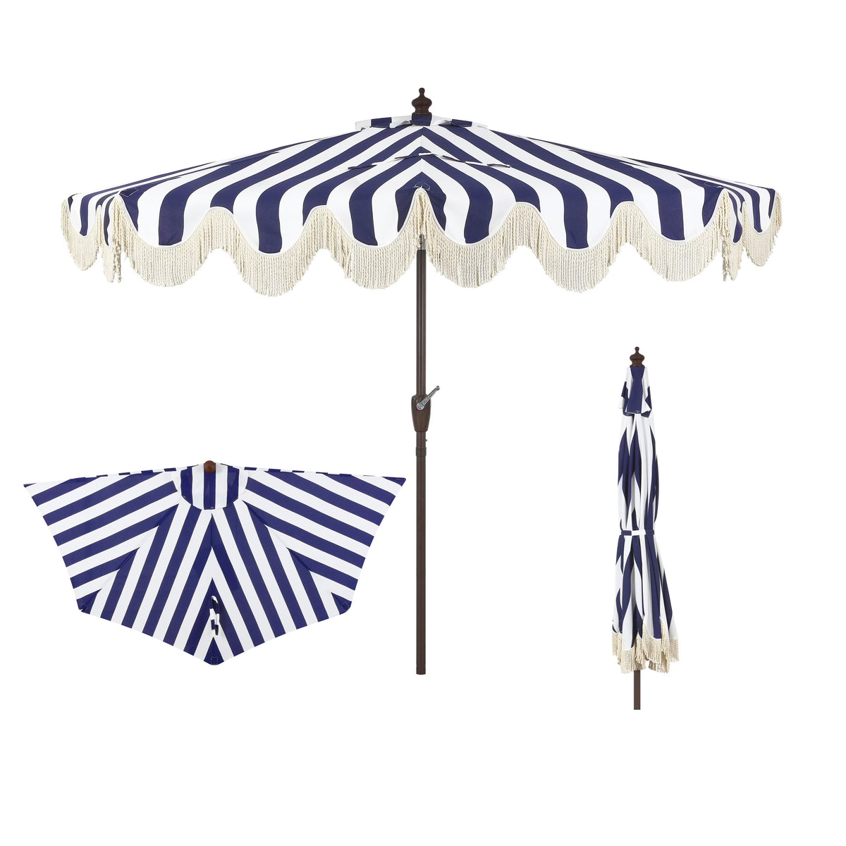 JONATHAN Y Beverly 9 ft. Half Market Patio Umbrella, Designer Classic Scalloped Fringe with Crank, Tilt Button and UV Protection, Blue/White/Cream, Dark Brown Pole
