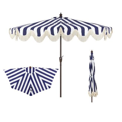 JONATHAN Y Beverly 9 ft. Half Market Patio Umbrella, Designer Classic Scalloped Fringe with Crank, Tilt Button and UV Protection, Blue/White/Cream, Dark Brown Pole