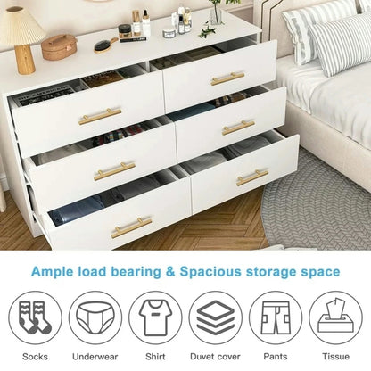 Kadyn White Chest of Drawer, 6 Double Drawer Dresser for Bedroom, Modern Storage Cabinet for Living Room, Dresser