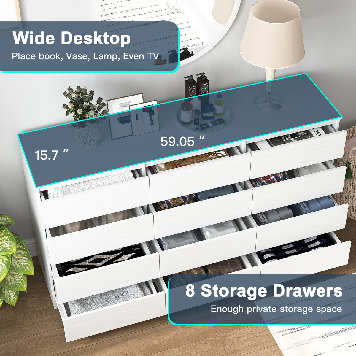 Kadyn White Chest of Drawer, 6 Double Drawer Dresser for Bedroom, Modern Storage Cabinet for Living Room, Dresser