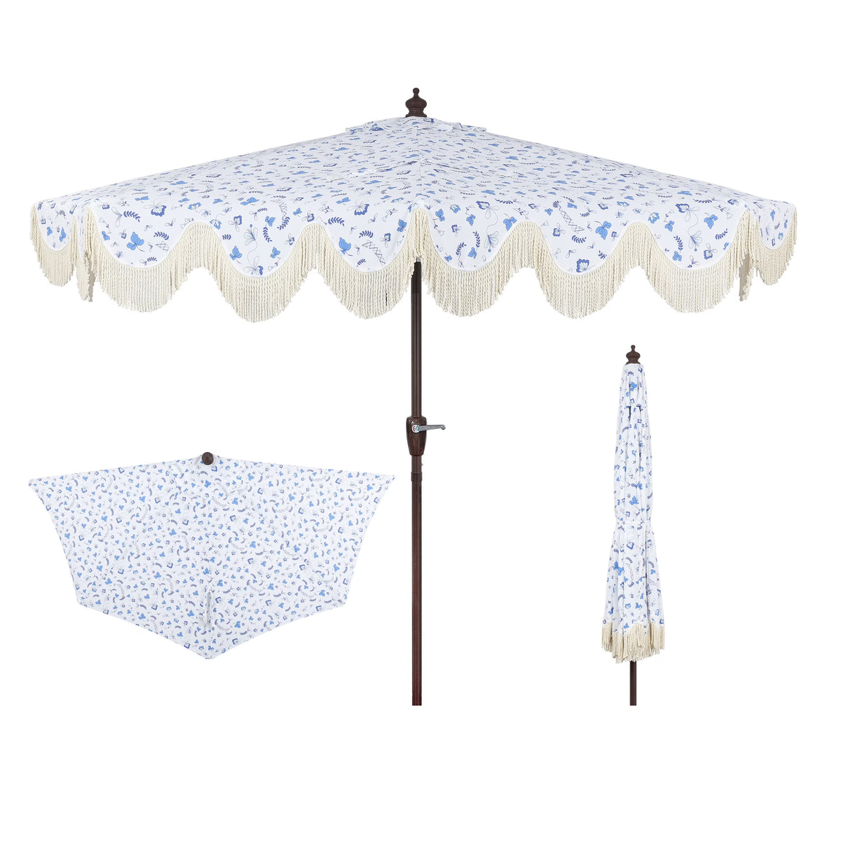 JONATHAN Y Beverly 9 ft. Half Market Patio Umbrella, Designer Classic Scalloped Fringe with Crank, Tilt Button and UV Protection, Blue/White/Cream, Dark Brown Pole