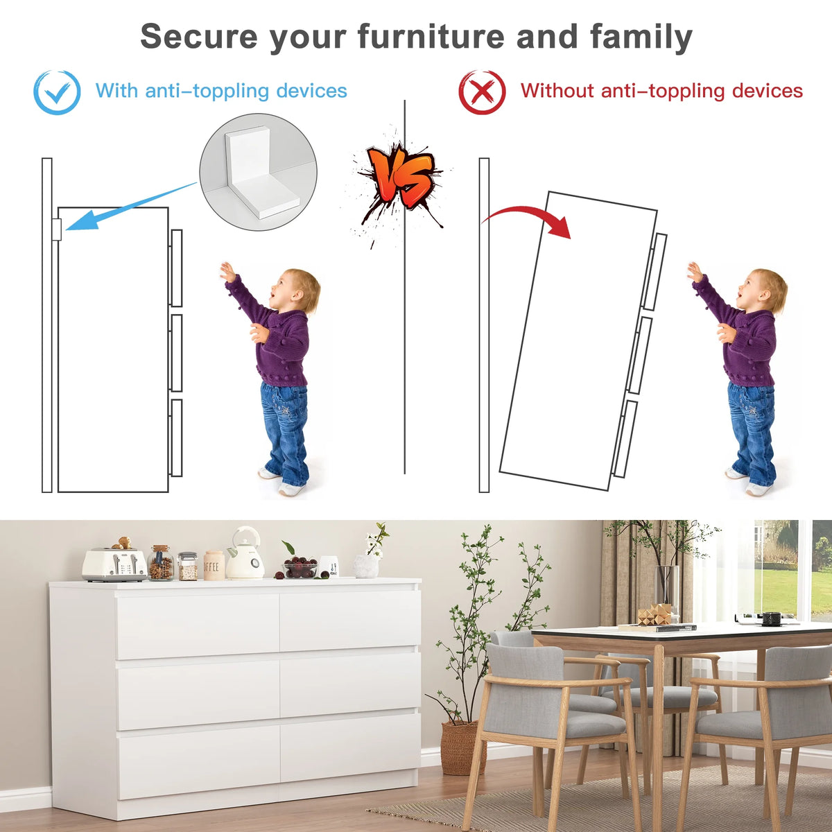 Kadyn White Chest of Drawer, 6 Double Drawer Dresser for Bedroom, Modern Storage Cabinet for Living Room, Dresser