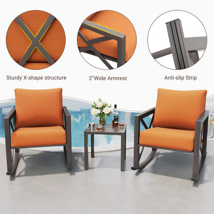 MRUAKA Rocking Chair Bistro Set,3 Piece Outdoor Patio Furniture Set with 2 Rockers and 1 Metal Coffee Table with Thick Cushions for Porch,Backyard,Poolside,Beige