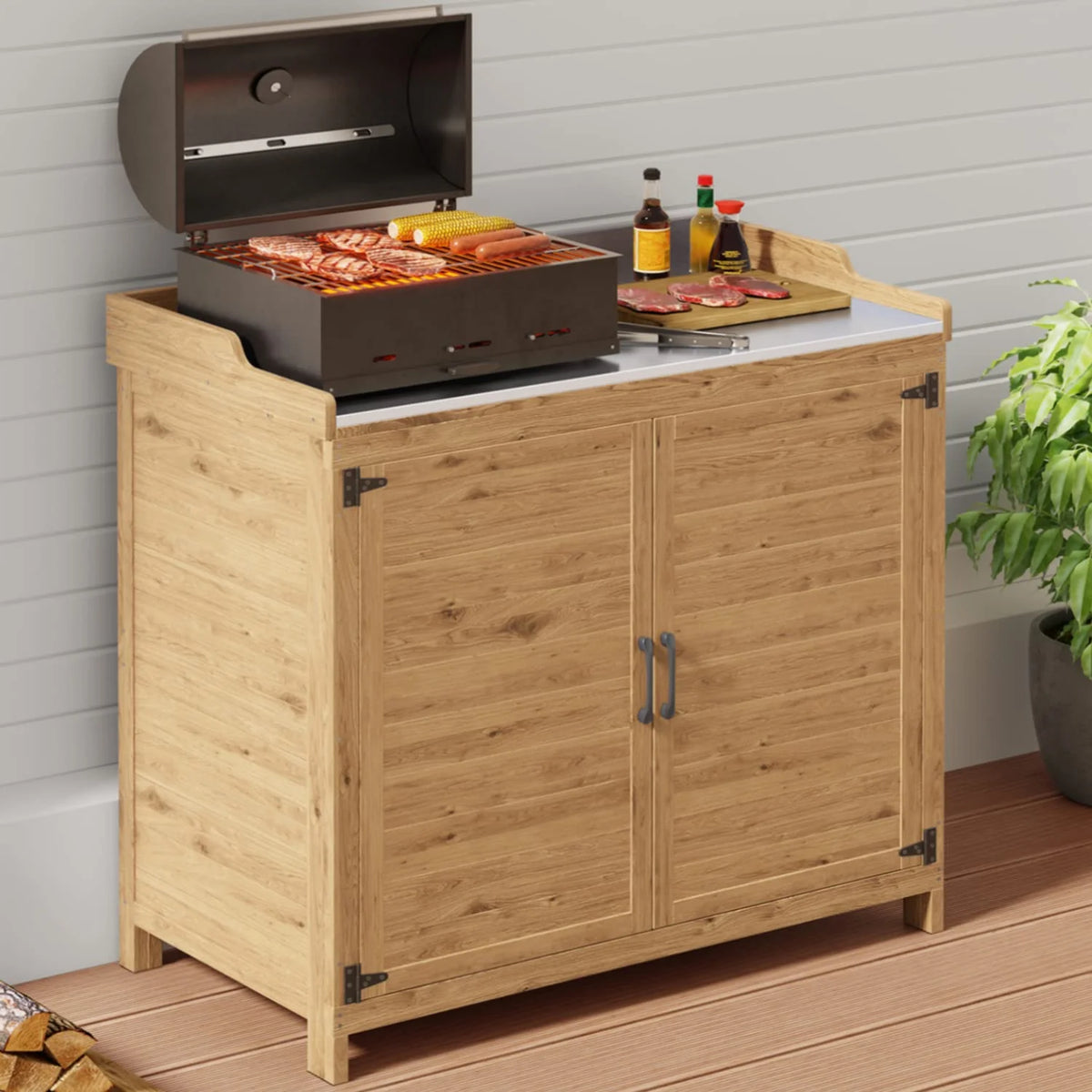 Lofka Outdoor Storage Cabinet, Outdoor Potting Bench Table with Removable Shelves for Yard, Garden,  Waterproof Wood