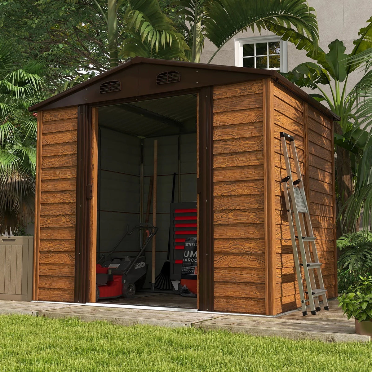 Patiowell luxurious 8 x 6 FT Wood Look Storage Shed for Outdoor, Steel Yard Shed with Design of Lockable Doors, Brown