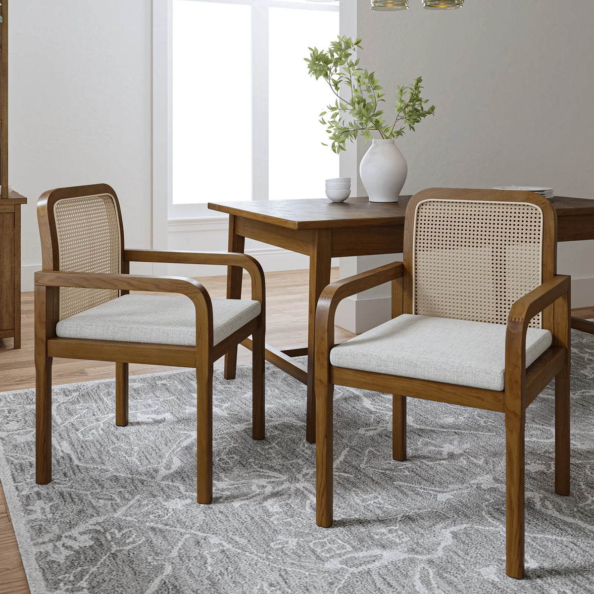Rattan Dining Chairs Set of 2 Wooden Armchairs Removable Cushion Home Kitchen Restaurant Acorn