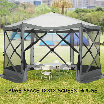 COBIZI 12x12 Pop Up Canopy Gazebo, Outdoor Canopy Tent Screen House with 5 sidewalls and Netting for Camping, Waterproof, UV Resistant, Ez Set-up Party Tent with Carrying Bag and Ground Stakes,Brown
