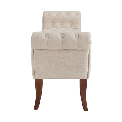 Linon Menlo Rolled Arm Button Tufted Bench, Dark Walnut Finish with Natural Fabric