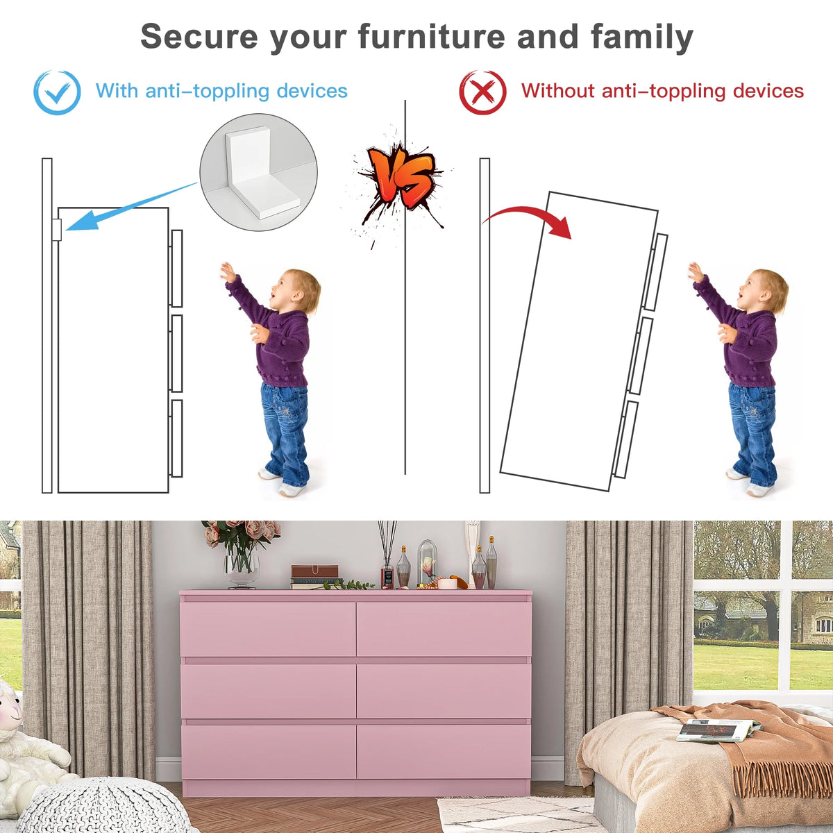 Kadyn White Chest of Drawer, 6 Double Drawer Dresser for Bedroom, Modern Storage Cabinet for Living Room, Dresser