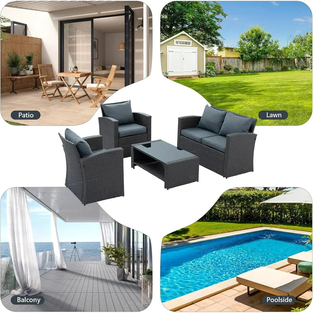 4 Pieces Patio Conversation Set, Outdoor Furniture Set with Cushion, Outside Sectional Rattan Wicker Sofa Furniture Set for Garden, Porch, Backyard, Gray