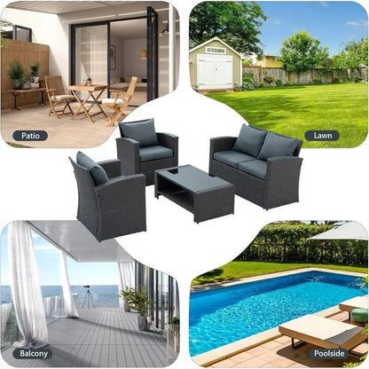 4 Pieces Patio Conversation Set, Outdoor Furniture Set with Cushion, Outside Sectional Rattan Wicker Sofa Furniture Set for Garden, Porch, Backyard, Gray