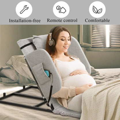 Electric Lifting Backrest for Bed, Folding Adjustable Multi-Function Neck Head and Lumbar Back Support for Elder, Electric Lifting Backrest Pillow with Electric Pump System (Gray with Armrest)