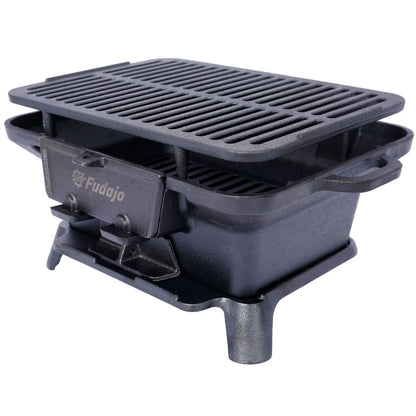 Hibachi Grill, 16" Portable Cast Iron Outdoor Tabletop Grill, Handled Mini Japanese BBQ Charcoal Stove, Small Durable Camping Cast Iron Grill with Grate Hook