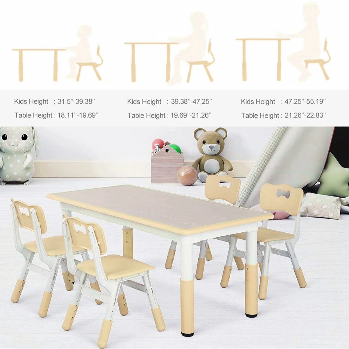 LAZY BUDDY Kids Table and 4 Chairs Set, Height Adjustable Toddler Desk with Graffiti Desktop, Kids Activity Table Set for Daycare, Home