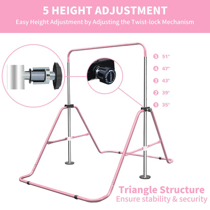 Expandable Gymnastics Bar for Kids - Height Adjustable Junior Training Bar for Home, Folding Gymnastic Horizontal Bars Equipment Pink