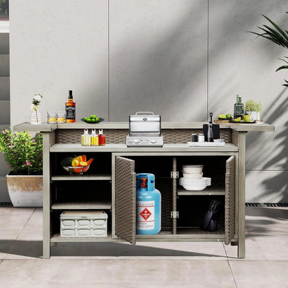 Domi Patio Bar Table, Outdoor Aluminum PE Wicker Bar Cart with Cabinet, All-Weather Storage Cabinet for Patio Kitchen or Bar, Wood Grain Finish