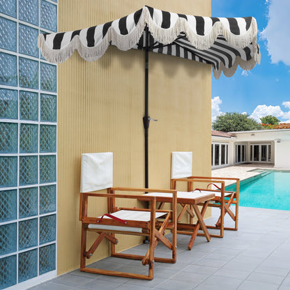 JONATHAN Y Beverly 9 ft. Half Market Patio Umbrella, Designer Classic Scalloped Fringe with Crank, Tilt Button and UV Protection, Blue/White/Cream, Dark Brown Pole