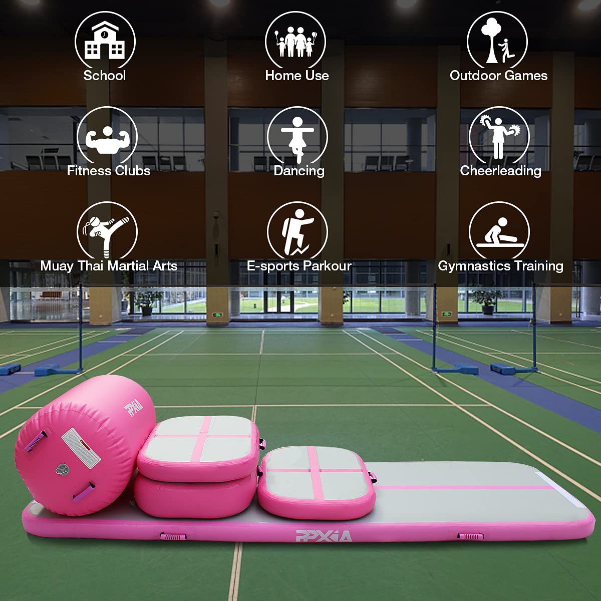 Gymnastics Mat Set 10FT Inflatable Tumbling Mat, 39*24 inch Air Roller Gymnastics Barrel and 3 Air Block with 800W Air Pump for Training Cheerleading Home Use Yoga and Water Use