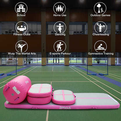 Gymnastics Mat Set 10FT Inflatable Tumbling Mat, 39*24 inch Air Roller Gymnastics Barrel and 3 Air Block with 800W Air Pump for Training Cheerleading Home Use Yoga and Water Use
