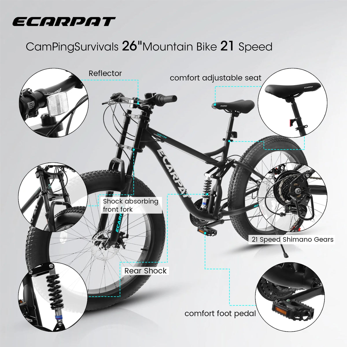 Ambifirner 26" Fat Tire Mountain Bike with Full Suspension - 4" Wide All-Terrain Tires & Shimano 21-Speed Drivetrain - Outdoor Bike for Men/Women 85% Pre-Assembled Durable Design