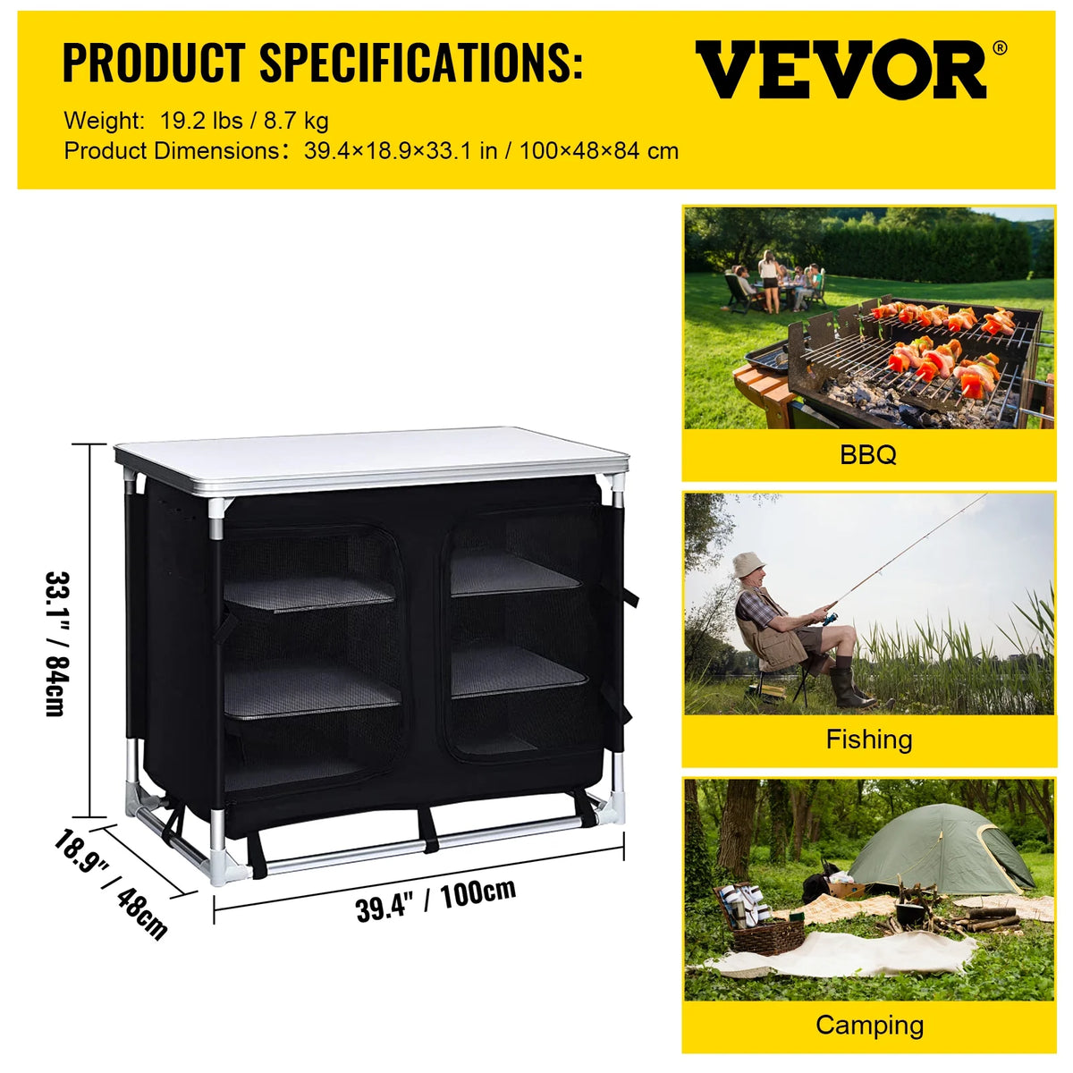 Camping Kitchen Station, Aluminum Portable Folding Cook Table with Storage Organizer and Carrying Bag, Quick Installation for Outdoor BBQ Party Backyards and Tailgating, Black