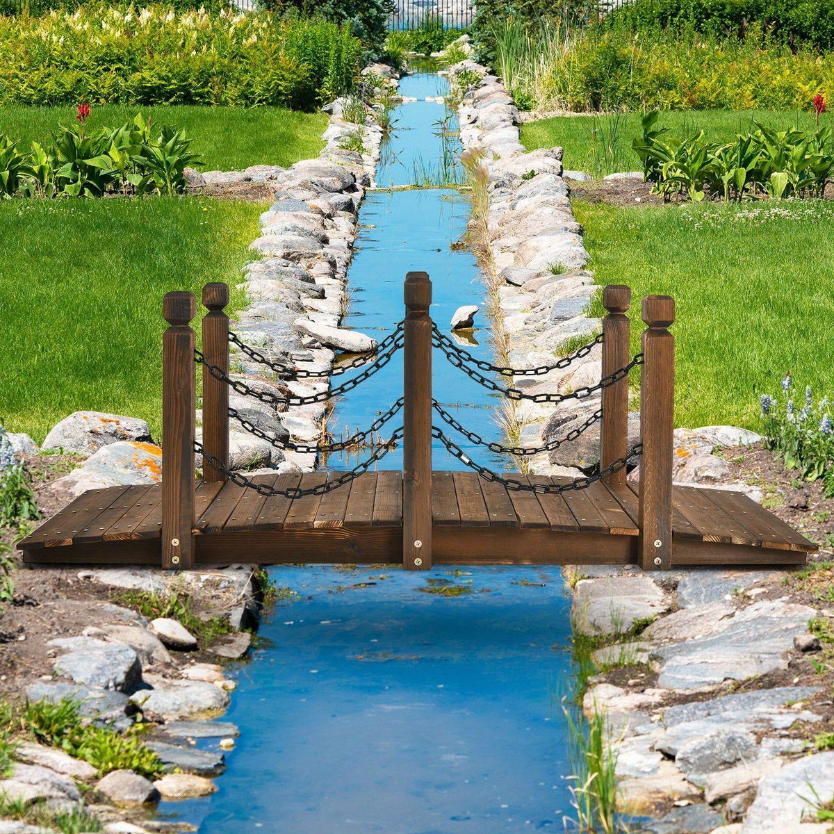 5ft Rustic Wooden Garden Bridge with Railings �C Sturdy Fir Footbridge, Weather-Resistant Outdoor Walkway for Weddings, Home Decor, and Gardens, Supports Up to 500 lbs, Natural Brown Finish